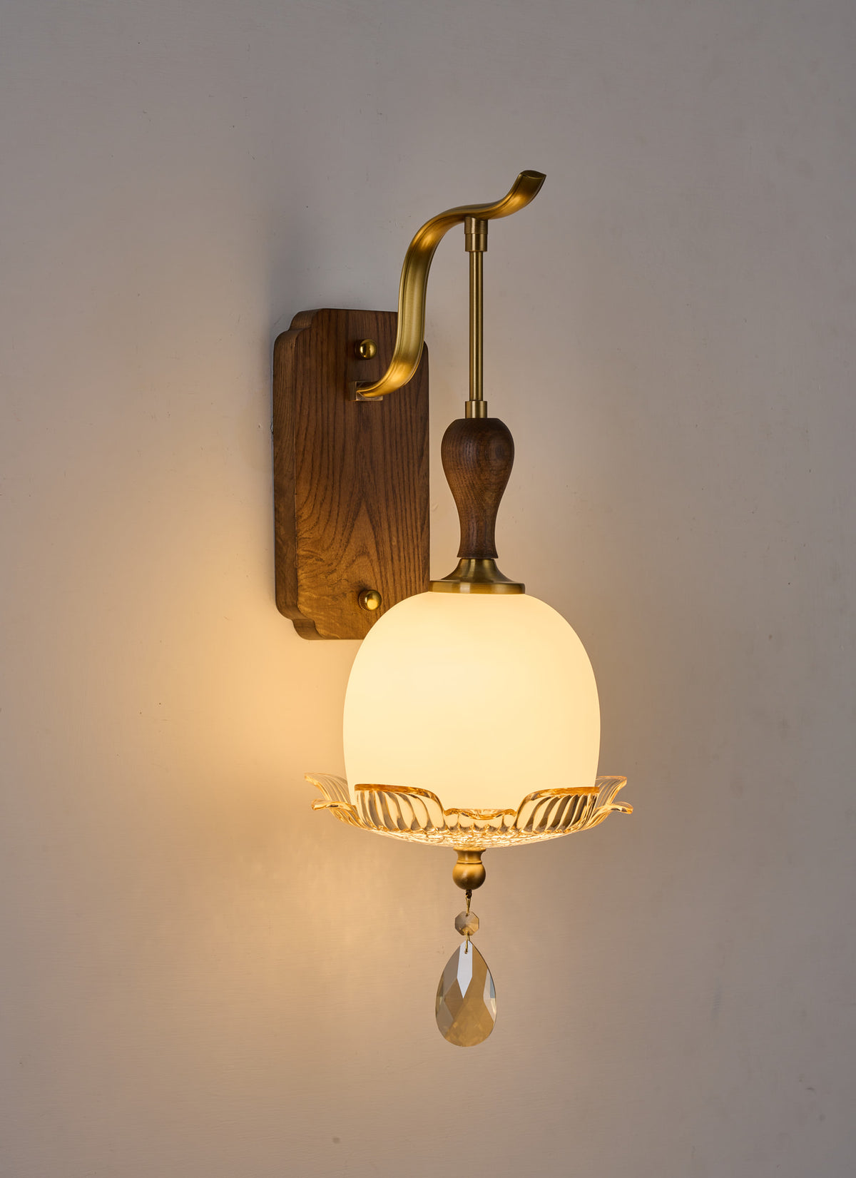 Complete supplier real photograph of the Virdelune rounded opal dome wall sconce, A1 configuration, alternate view 1