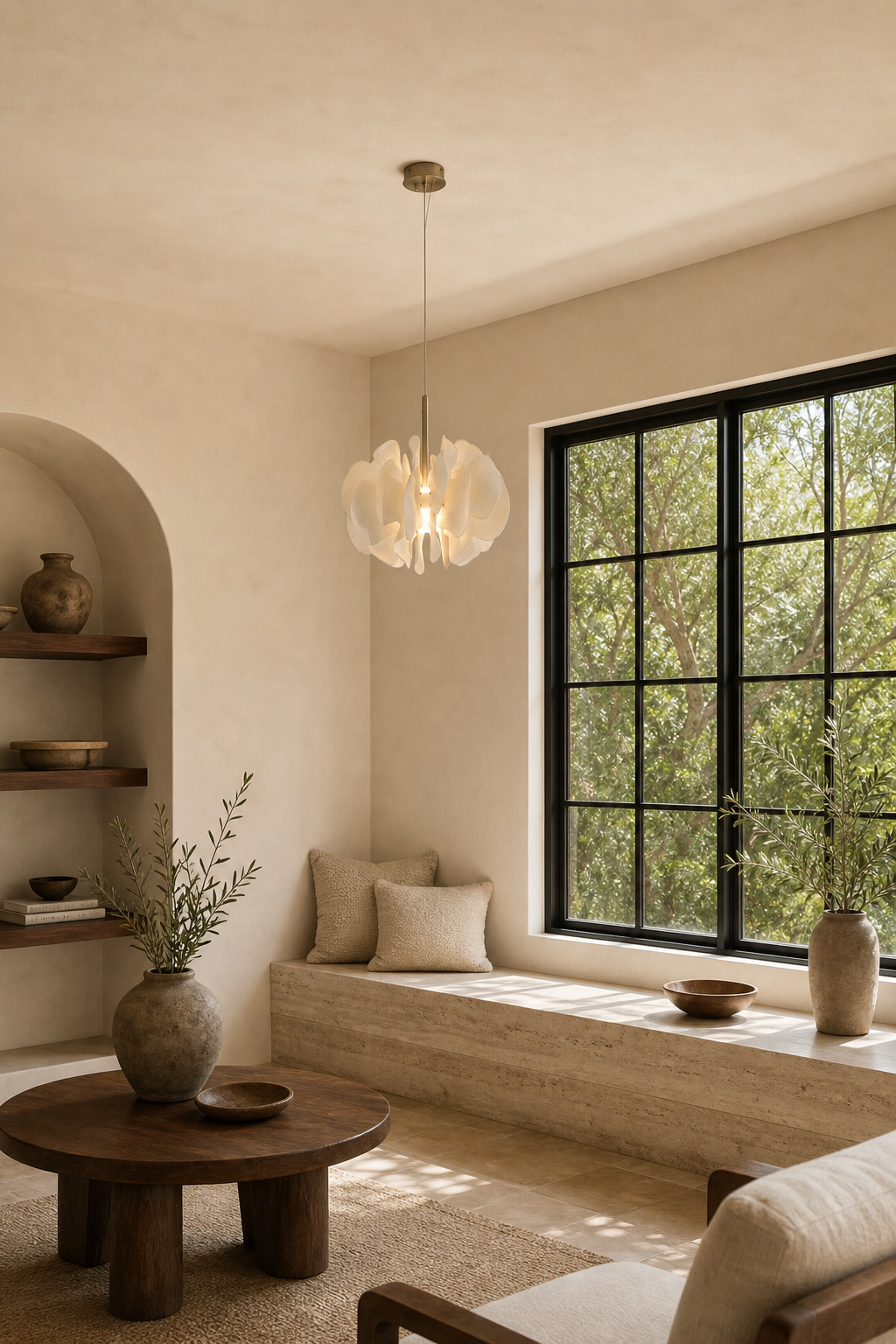 Sculptural Ivory Ceramic Petal Pendant window nook