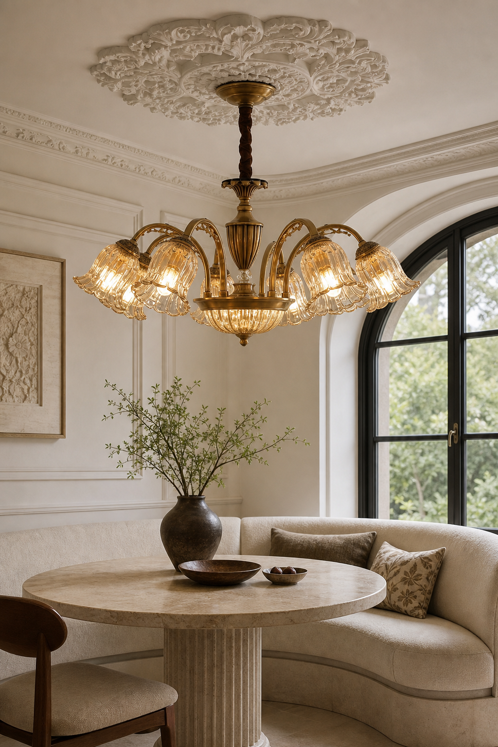Vintage Brass Floral Glass Chandelier window nook