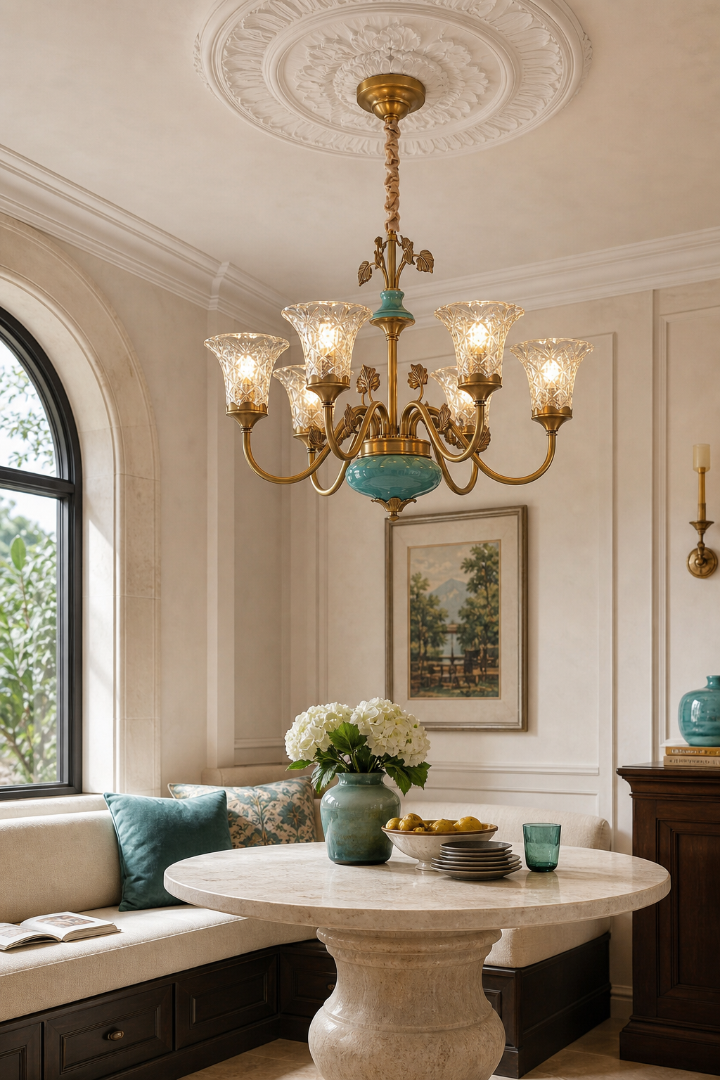 Tiffany Blue Ceramic Brass Chandelier window nook
