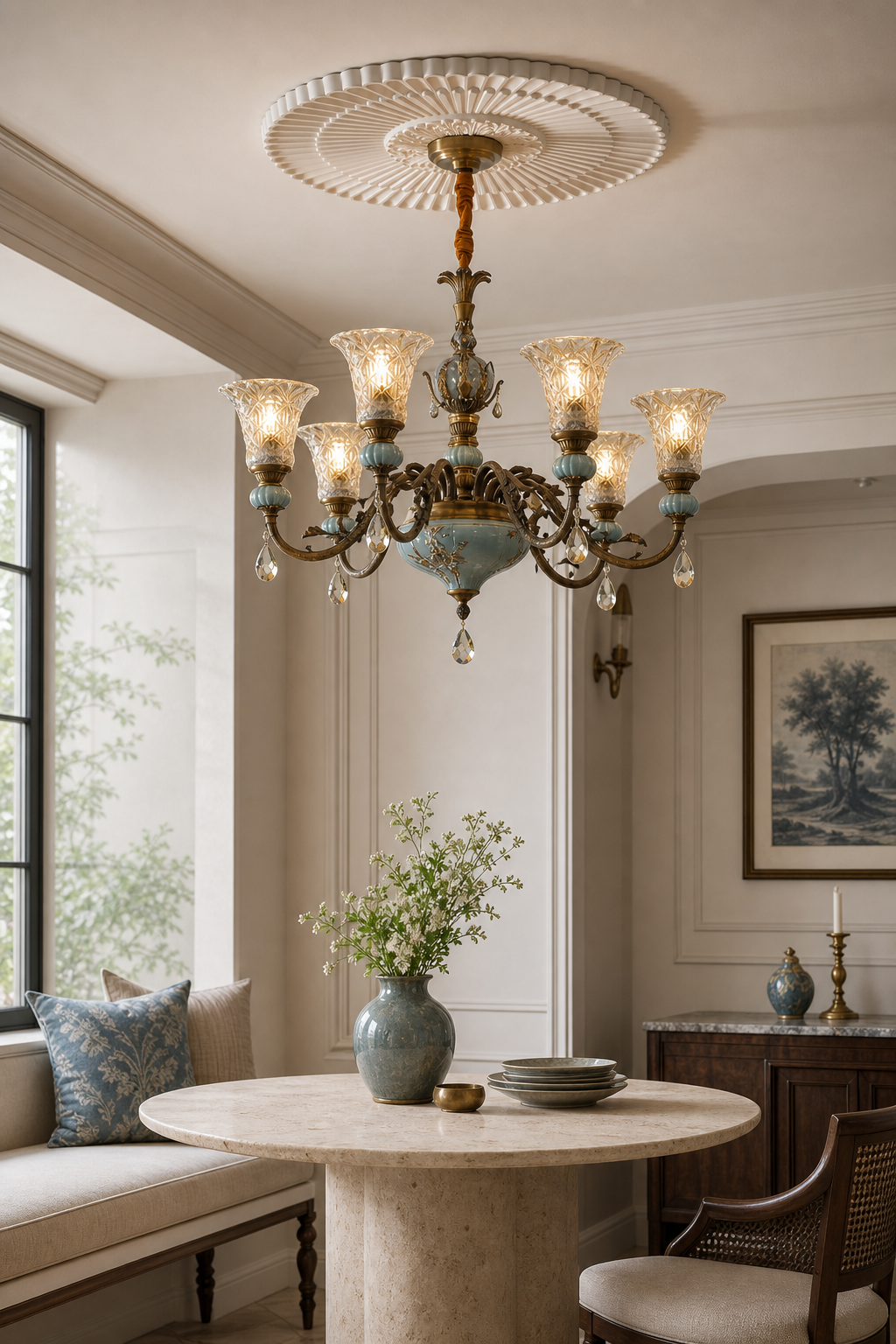 Blue Glazed Ceramic Brass Chandelier window nook