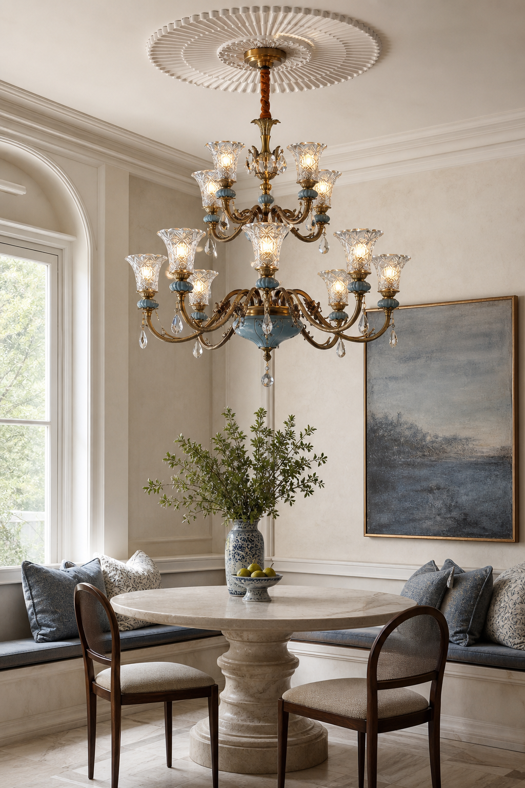 Blue Glazed Ceramic Two-Tier Chandelier window nook