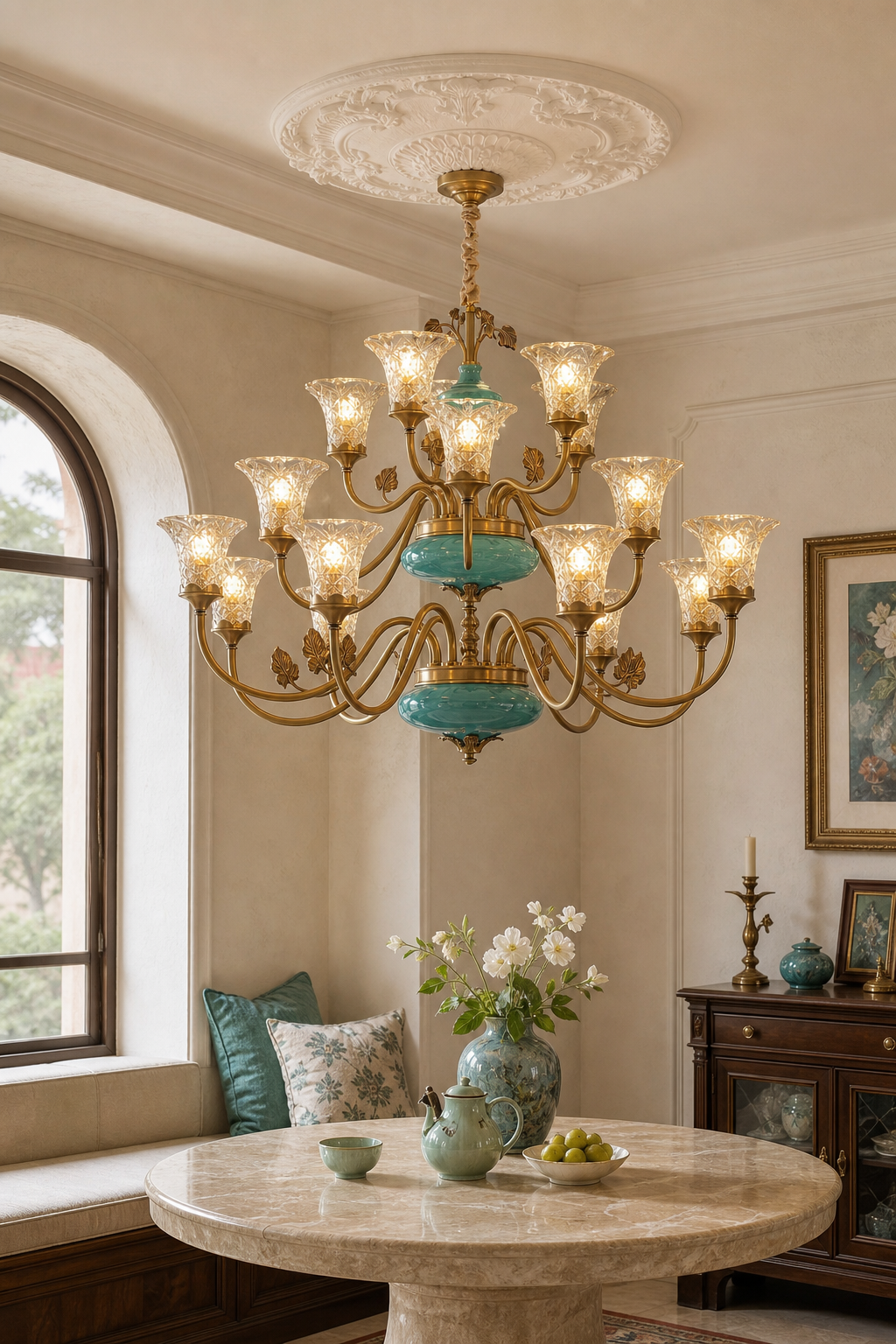 Tiffany Blue Ceramic Two-Tier Chandelier window nook