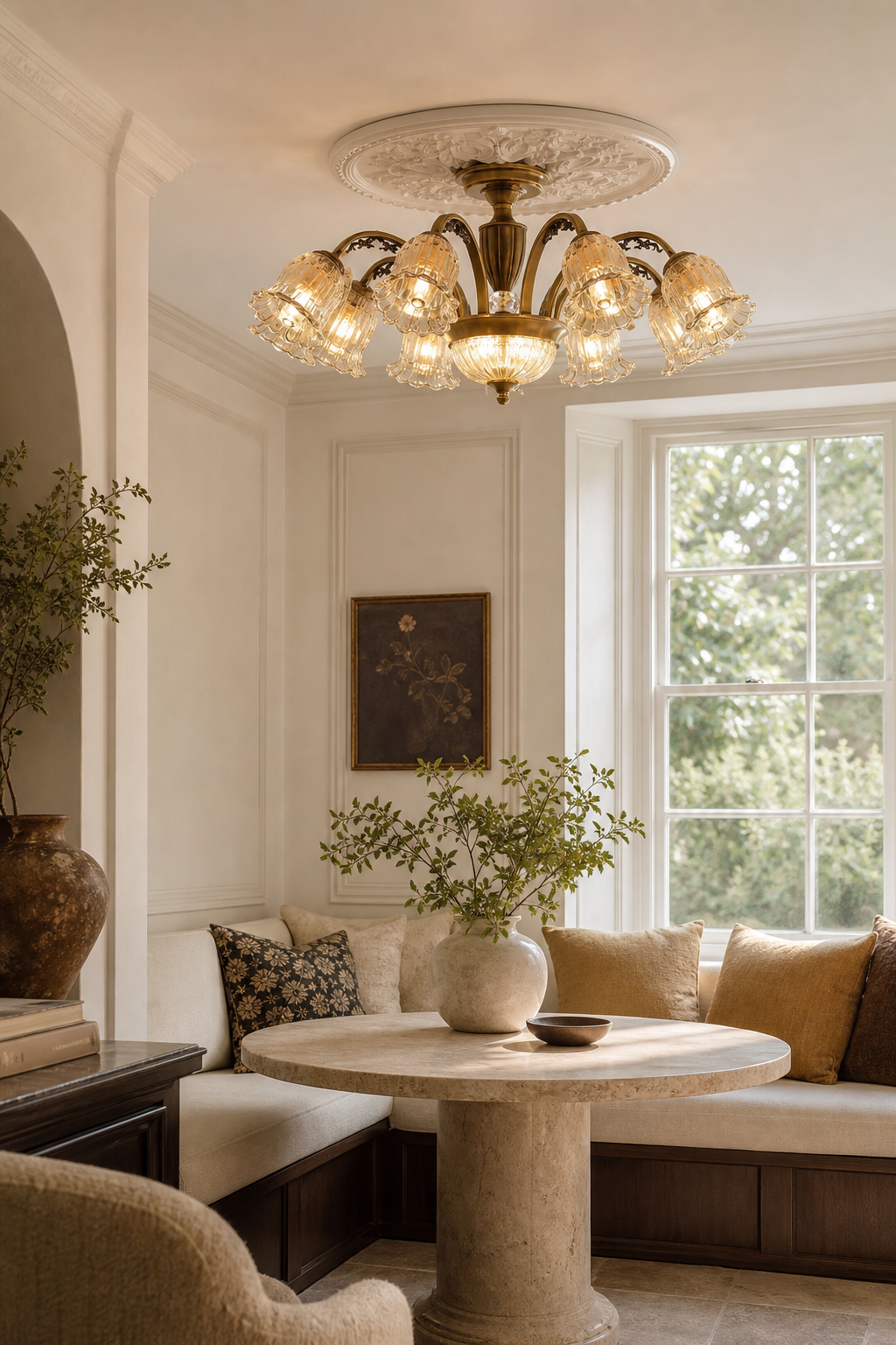Vintage Brass Floral Glass Flush Mount window nook