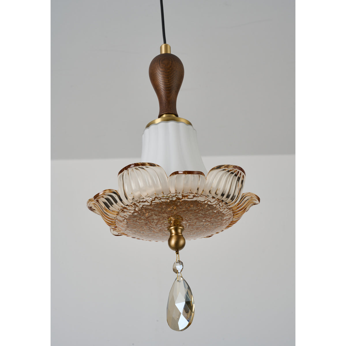 Supplier real detail photograph of Celestine Pendant A glass crown and crystal detail unlit