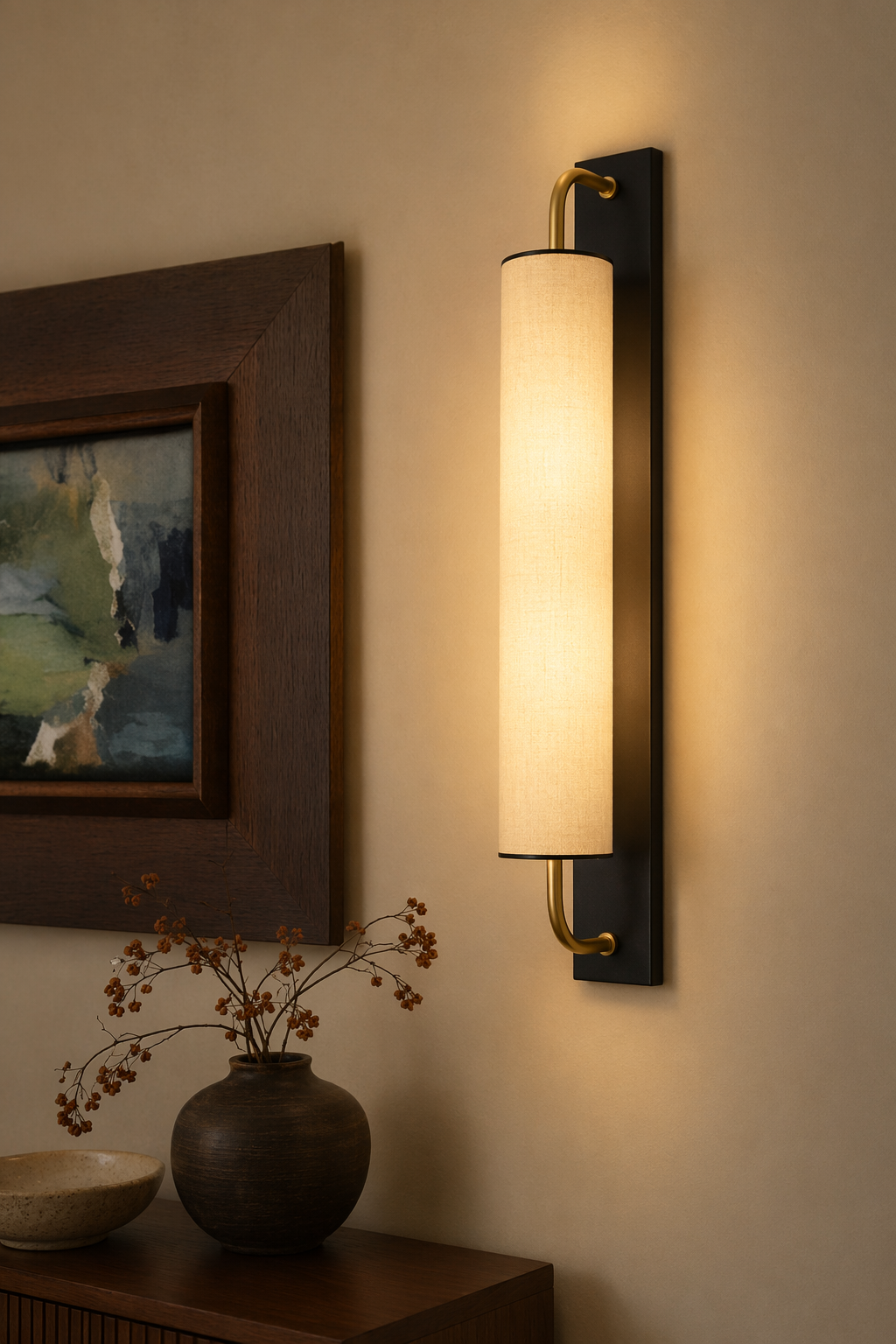 Modern Mulberry Silk Cylinder Wall Sconce in Black