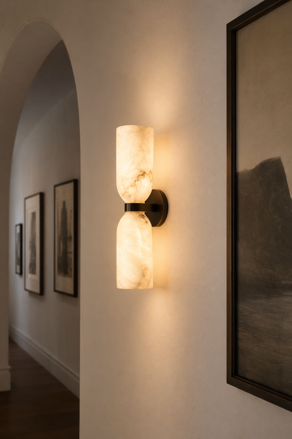 Modern Alabaster Cylinder Wall Sconce in Antique Brass - product image 06