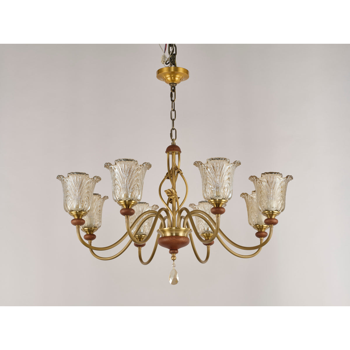 Real product photograph of the eight-light single-tier chandelier