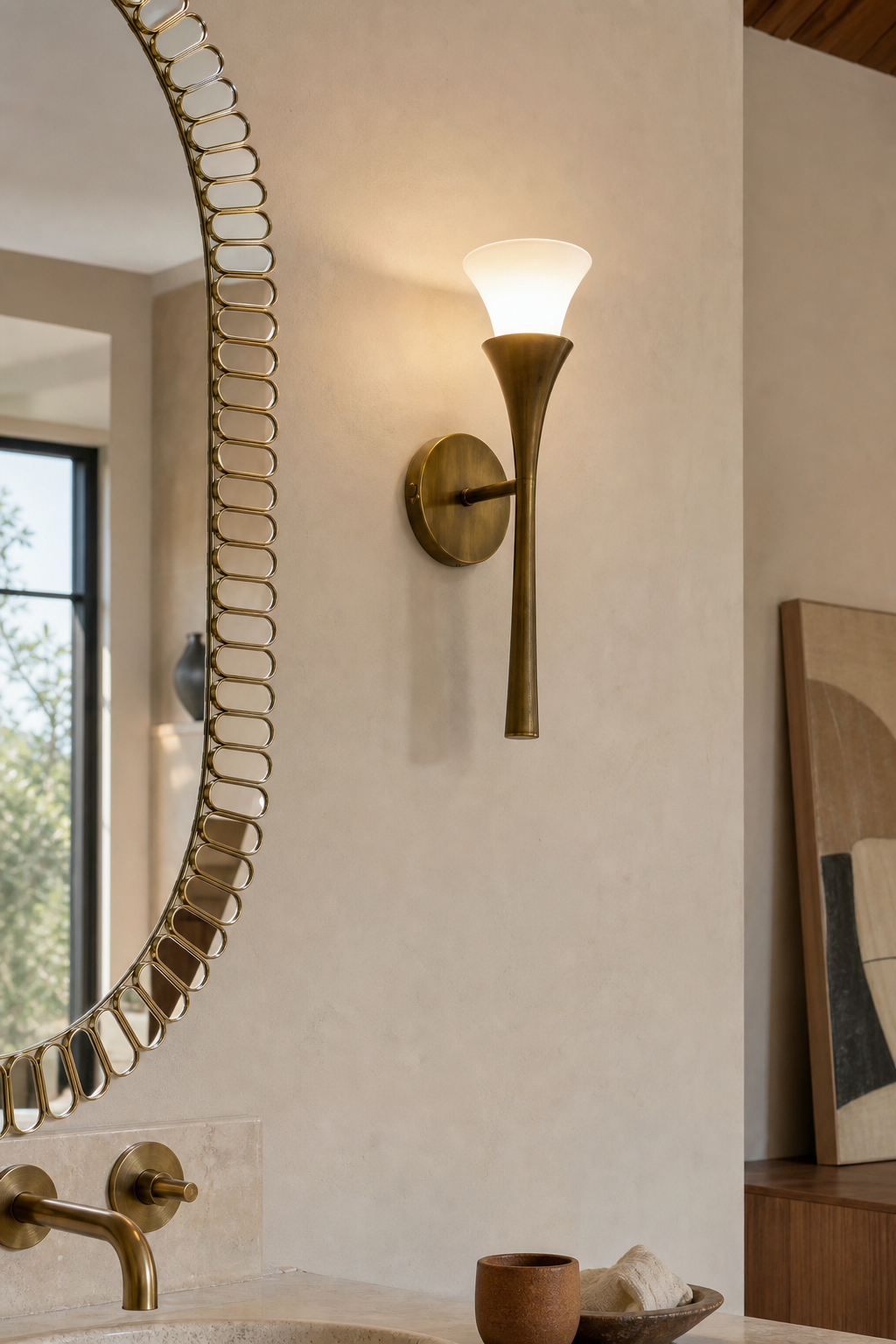 Sculptural Opal Glass and Alabaster Wall Sconce — Model A opal glass mirror side daylight