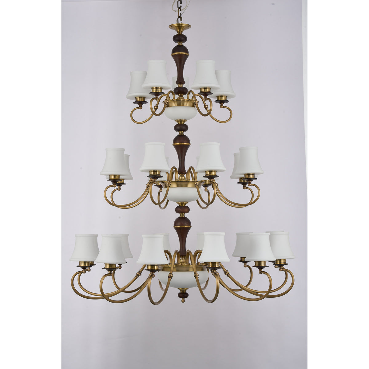 Supplier real photograph of the Glenhaven twenty-five-light three-tier chandelier complete unlit front view