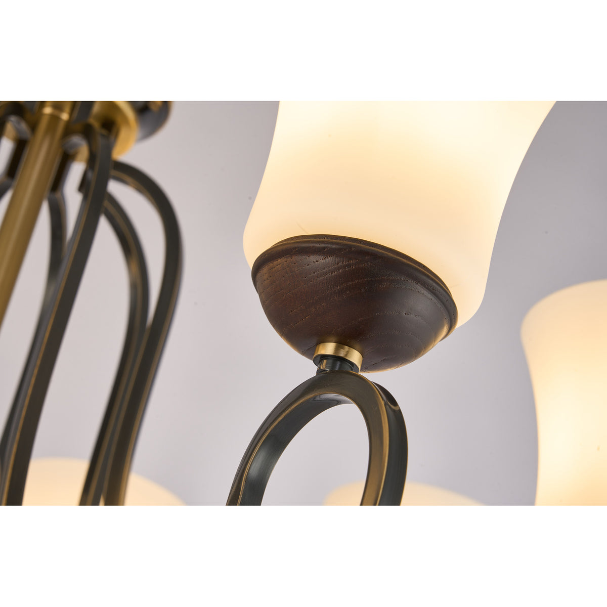Supplier real detail photograph of the Haverford milky-opal glass shade and dark ash-wood cup