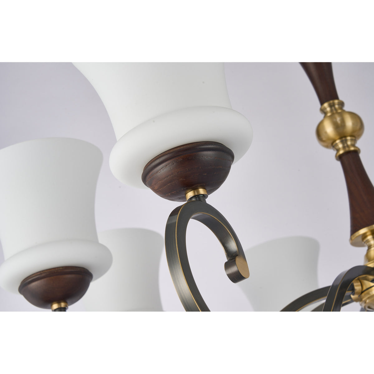 Supplier real detail photograph of the Langford flared opal glass shades and dark wood socket cups