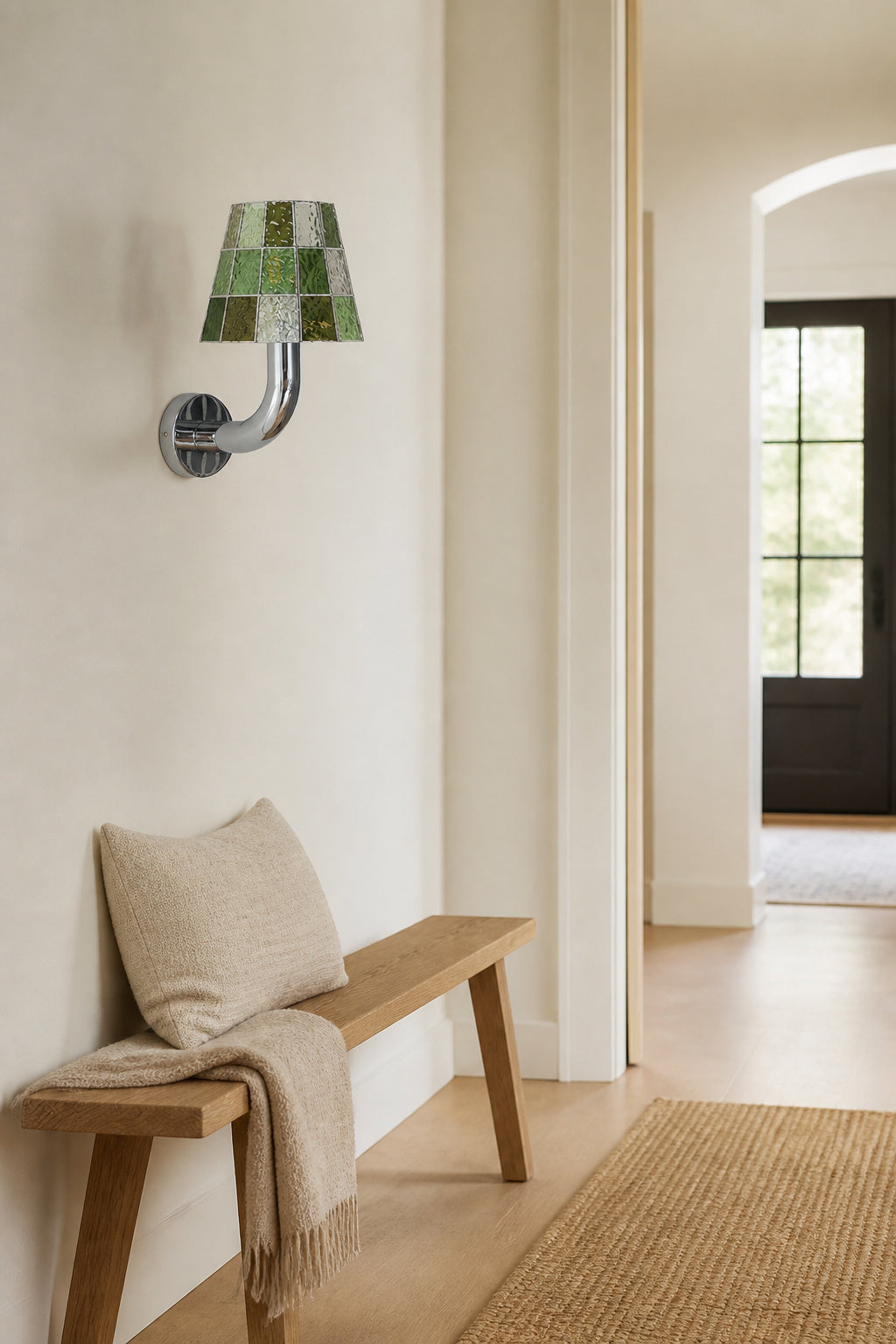 Textured Glass Long-Arm Wall Sconce — long green entry daylight
