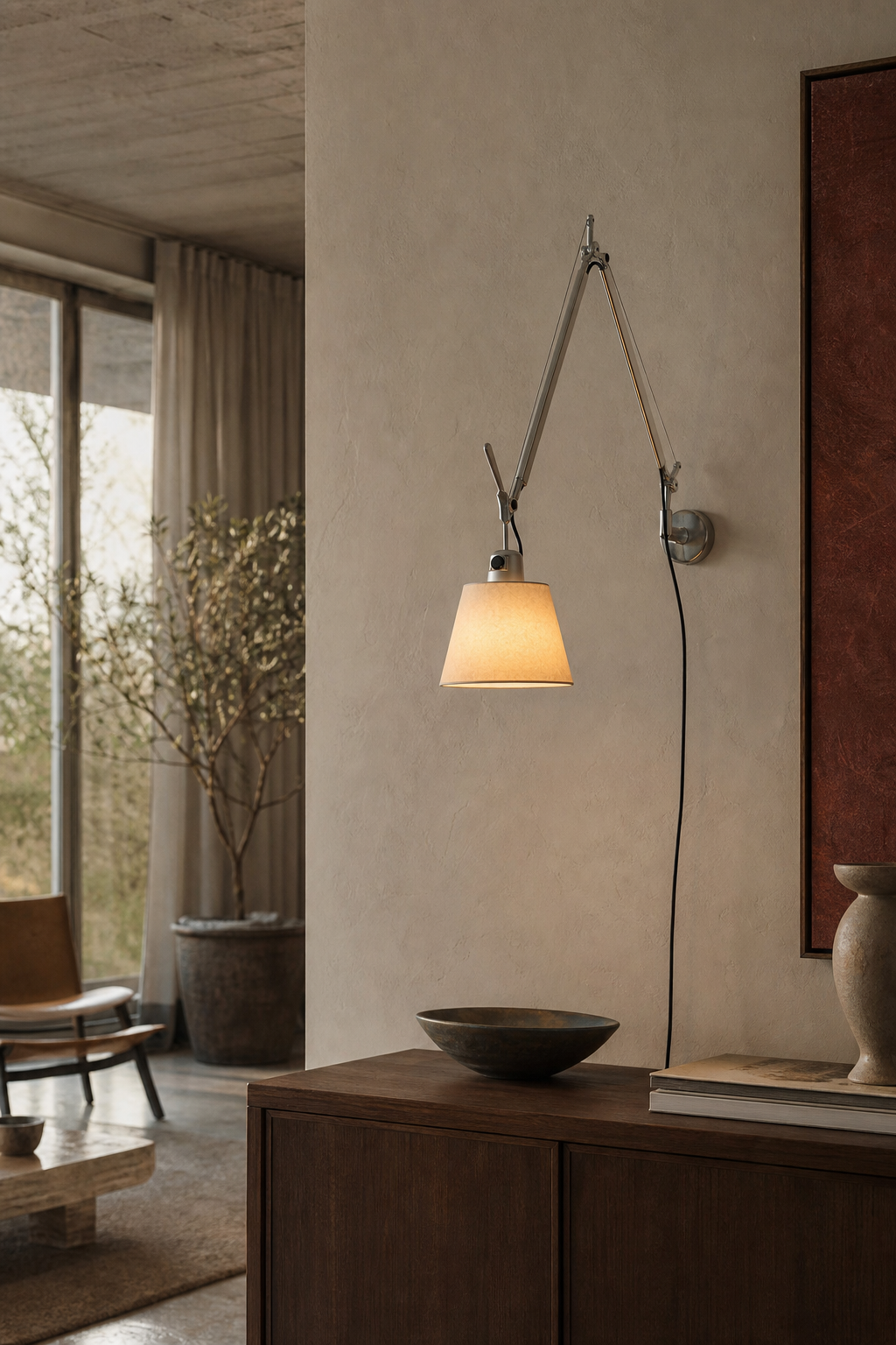 Bauhaus Adjustable Parchment Swing Arm Wall Light lounge wide