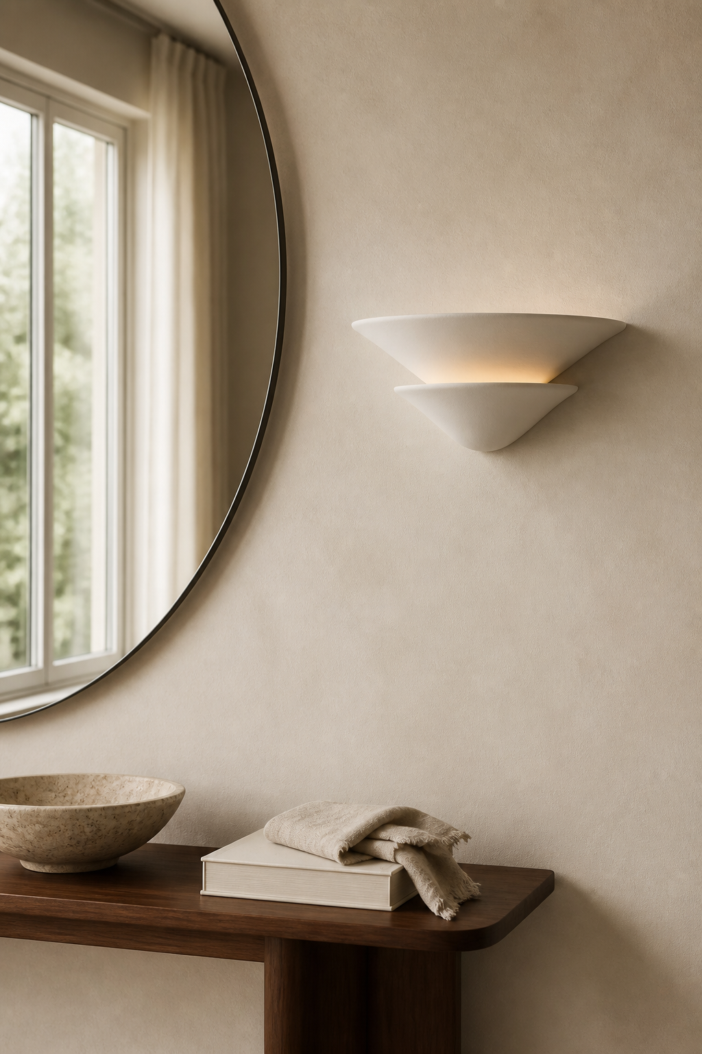 Sculptural Double-Tier Plaster Wall Sconce — wall sconce beside a mirror and console