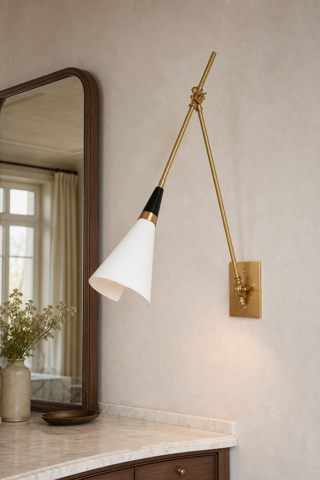 Adjustable Brass Wall Sconce — Long Arm sconce beside a mirror in daylight