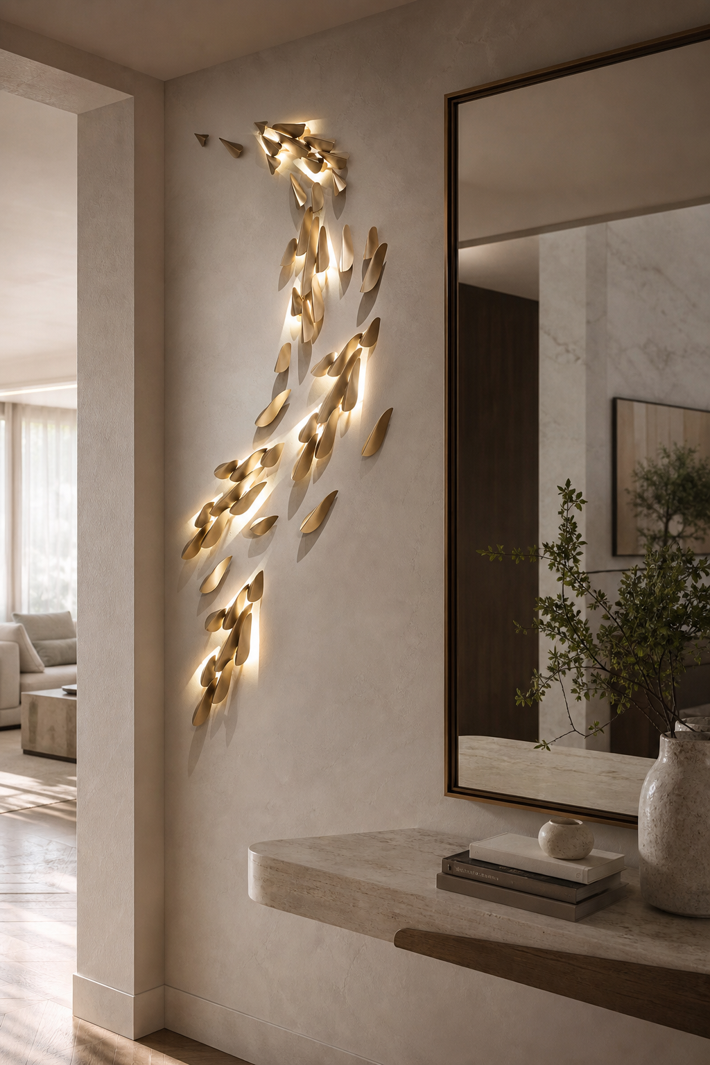 Brass Leaf LED Wall Art Sconce installed by a dry vanity or mirror, view 10