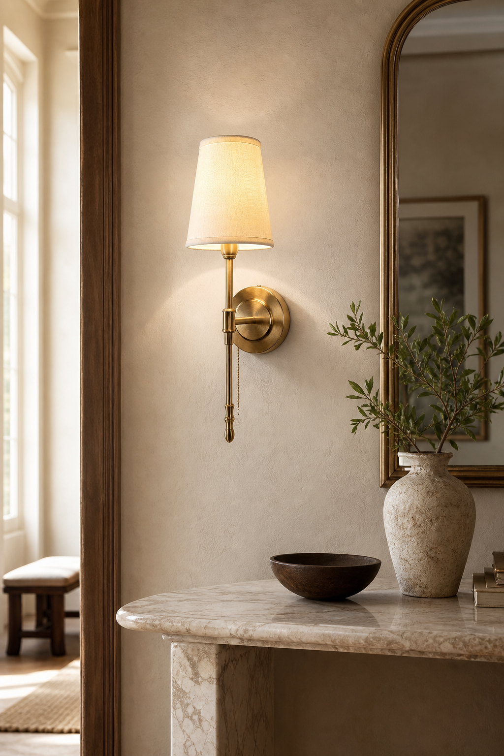 Antique Brass Fabric Shade Wall Sconce mirror side lighting