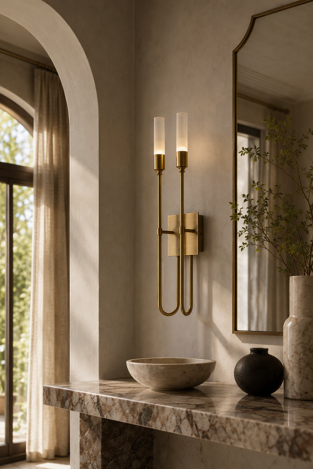 Double Loop Wall Sconce antique brass mirror side lighting