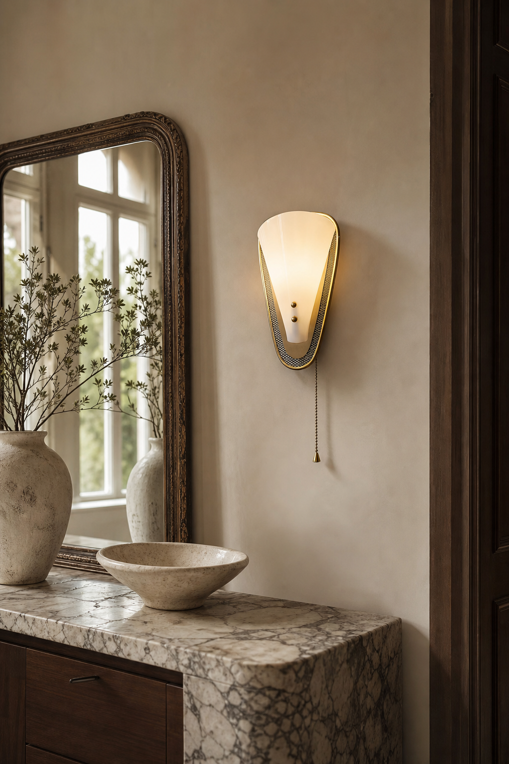 Sculptural White Petal Pull-Chain Wall Sconce mirror side lighting