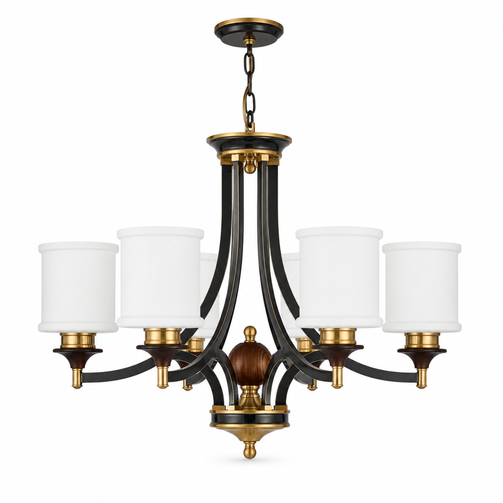 Complete Montclair six-light chandelier on pure white with ceiling canopy