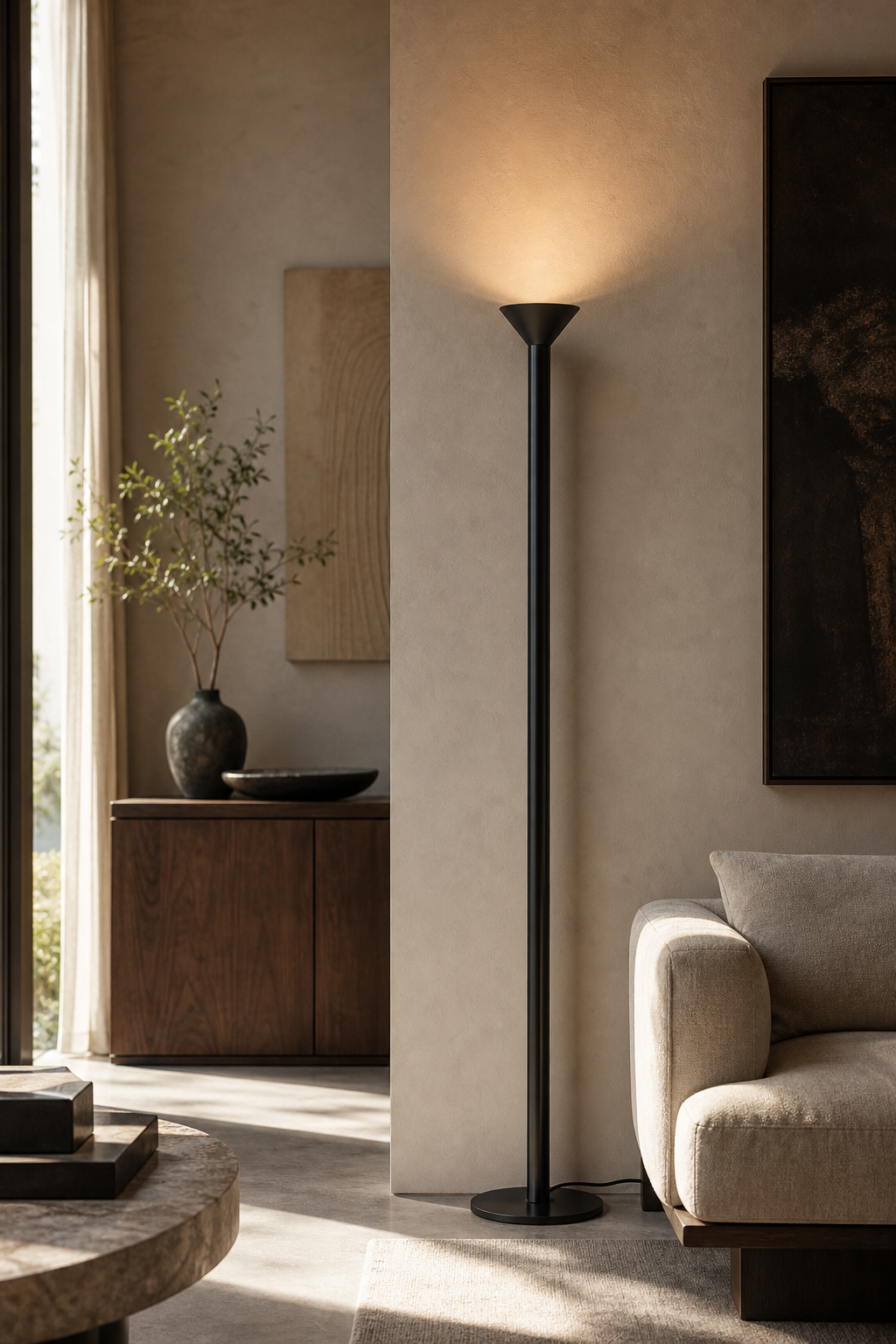 Minimalist Cone LED Floor Lamp illuminated in a warm evening interior
