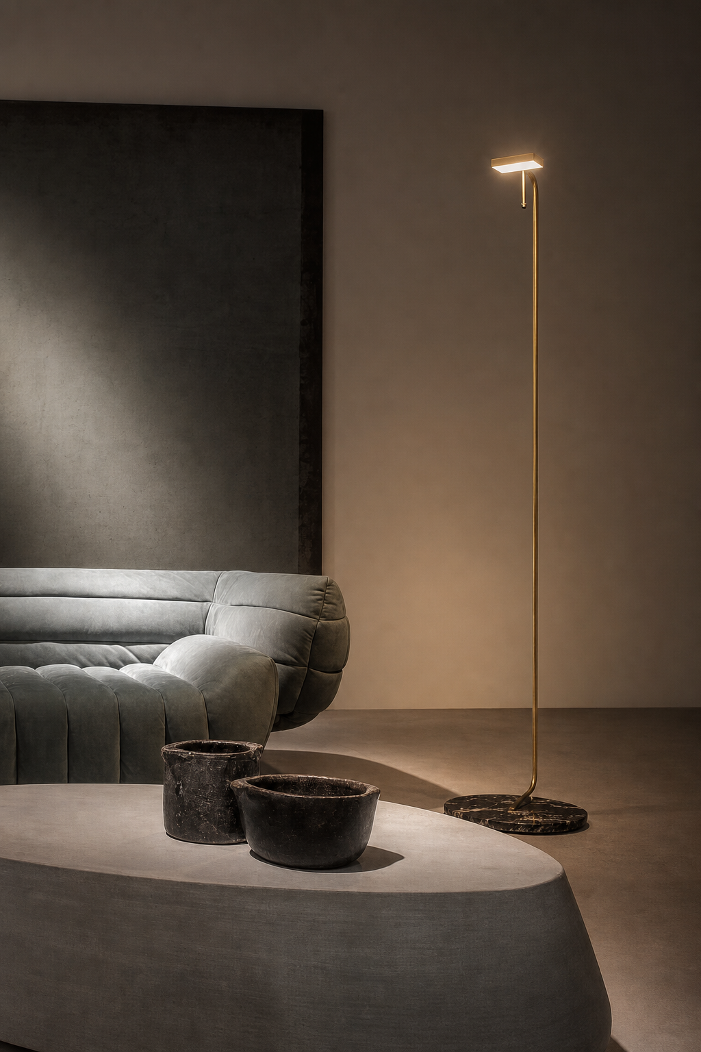 Antique Brass Marble LED Floor Lamp illuminated in a warm evening interior