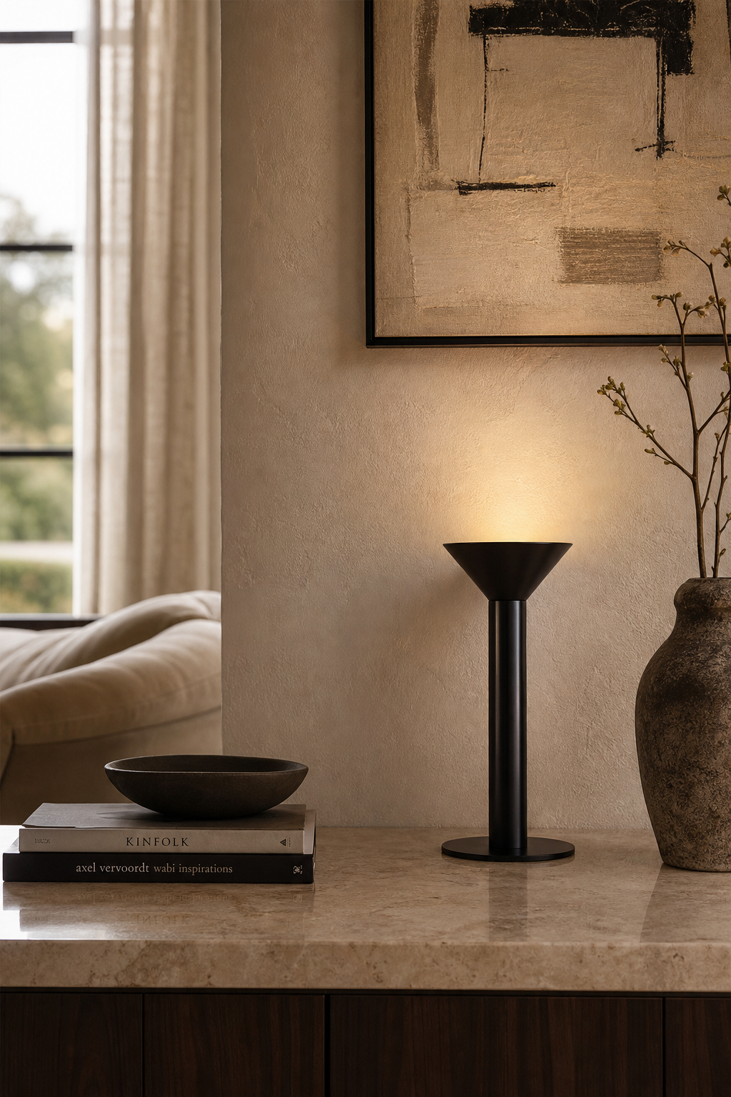 Minimalist Cone LED Table Lamp illuminated in a warm evening interior