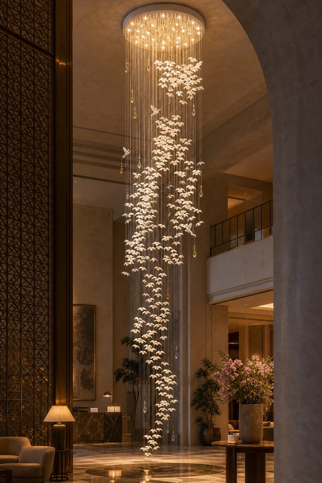 Floating Orchid Ceramic Grand Cascade Chandelier night mood