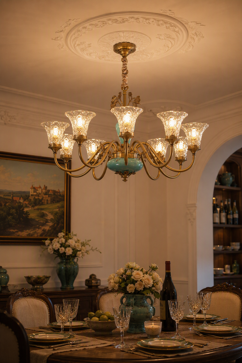 Tiffany Blue Ceramic Brass Chandelier night mood