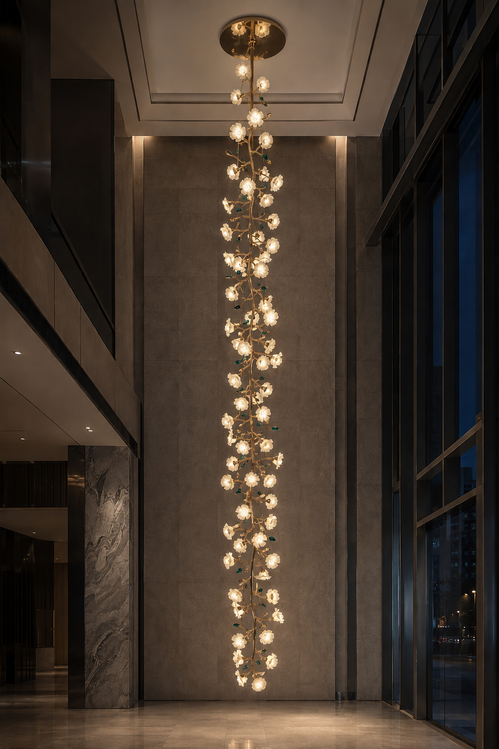 Sylverelle long chandelier – luxury night setting with flat round canopy