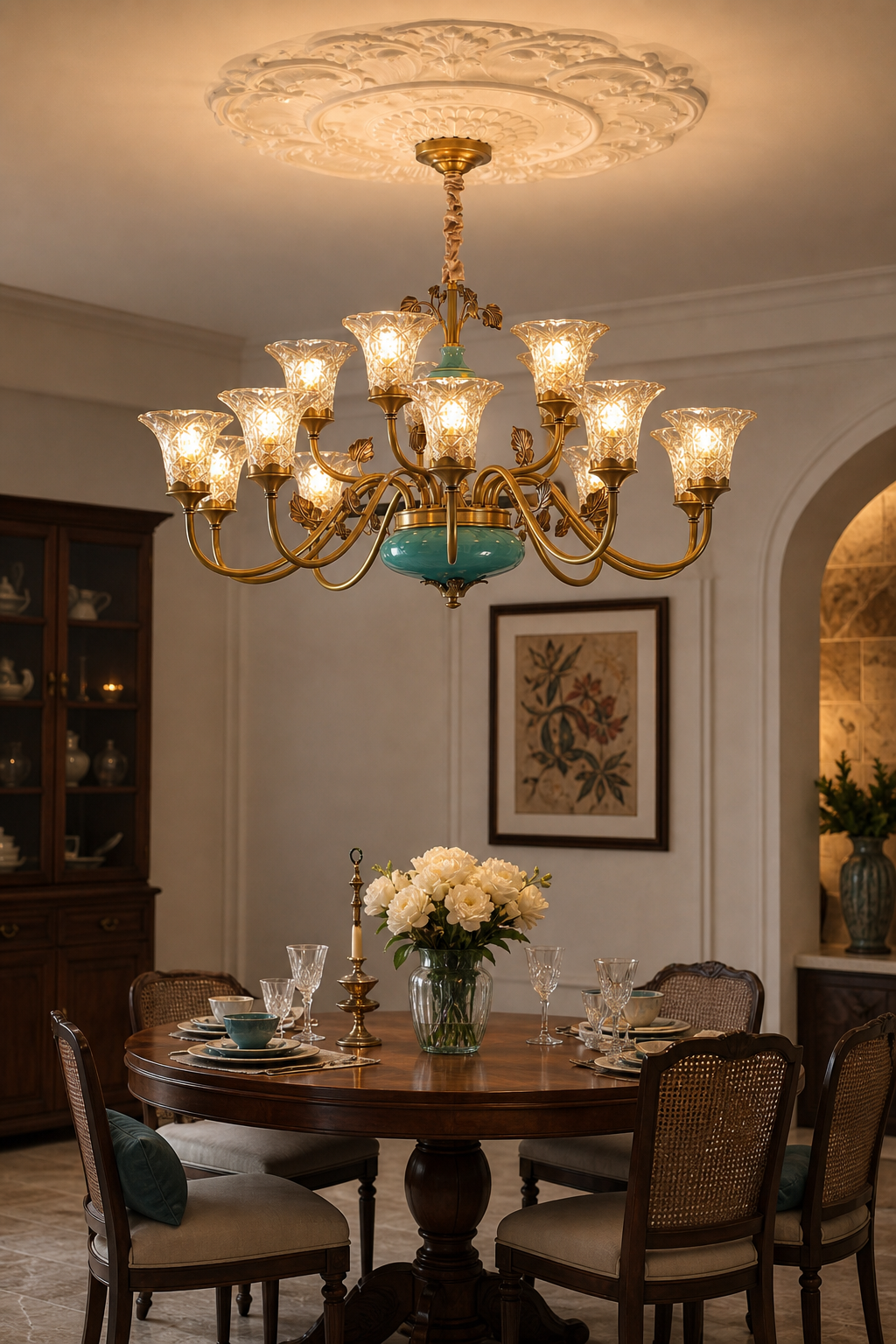 Tiffany Blue Ceramic Two-Tier Chandelier night mood