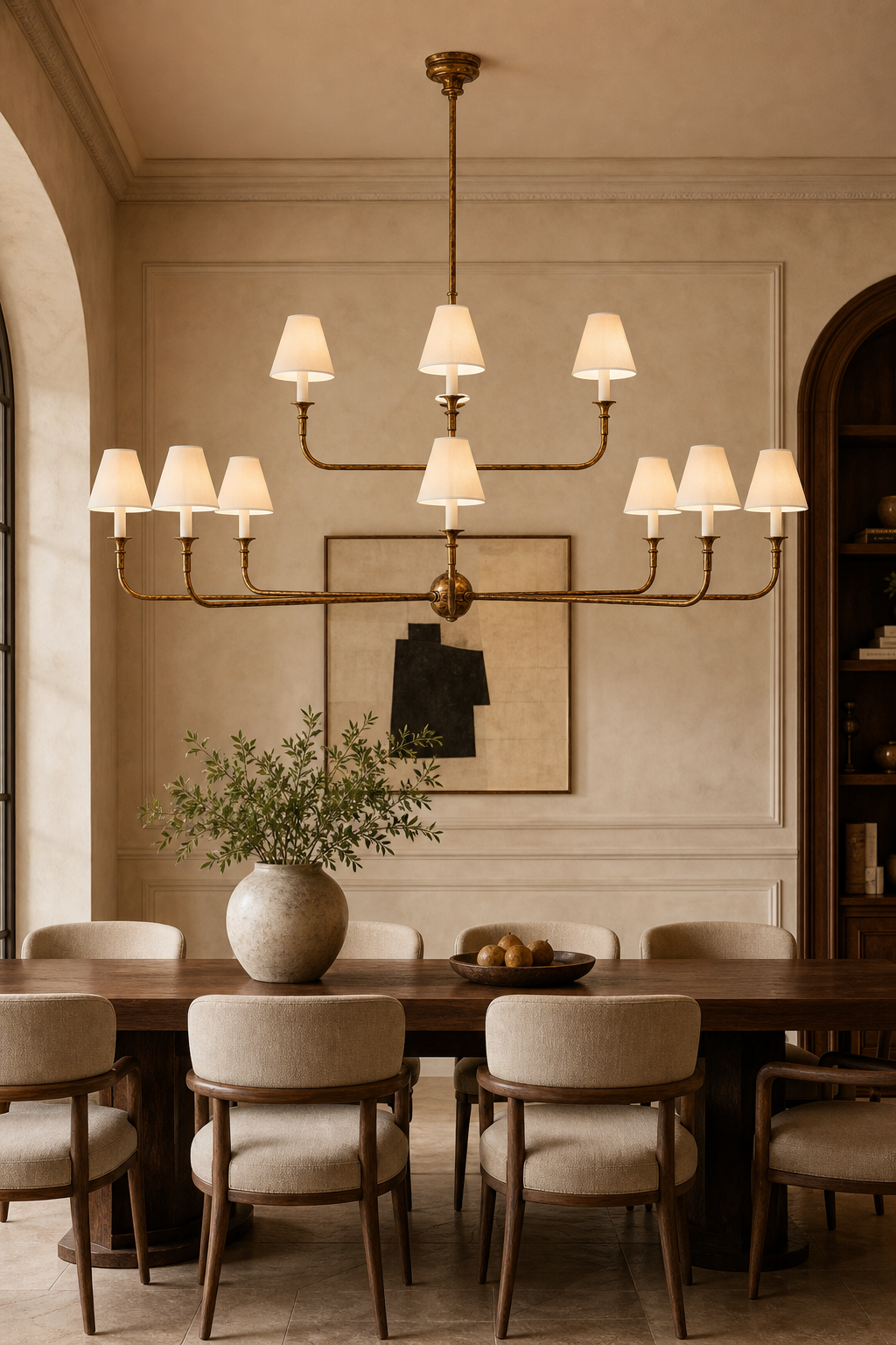 Tiered Brass and Fabric Linear Chandelier glowing warmly in an evening dining room, view 10