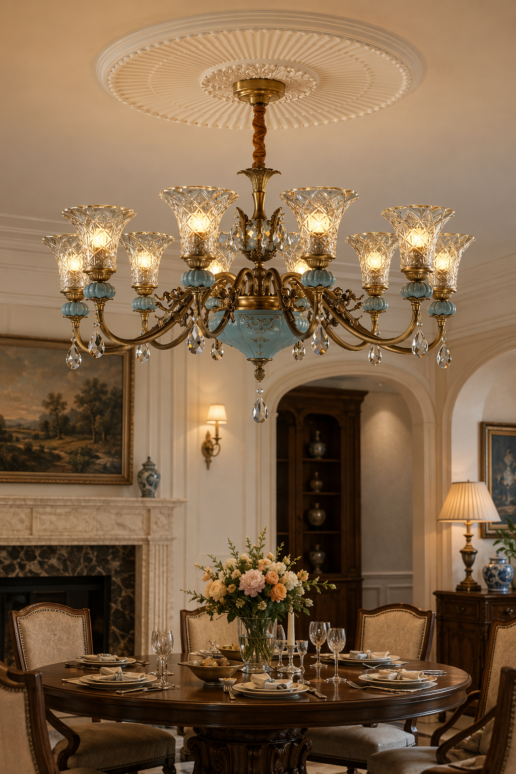Blue Glazed Ceramic Brass Chandelier night mood