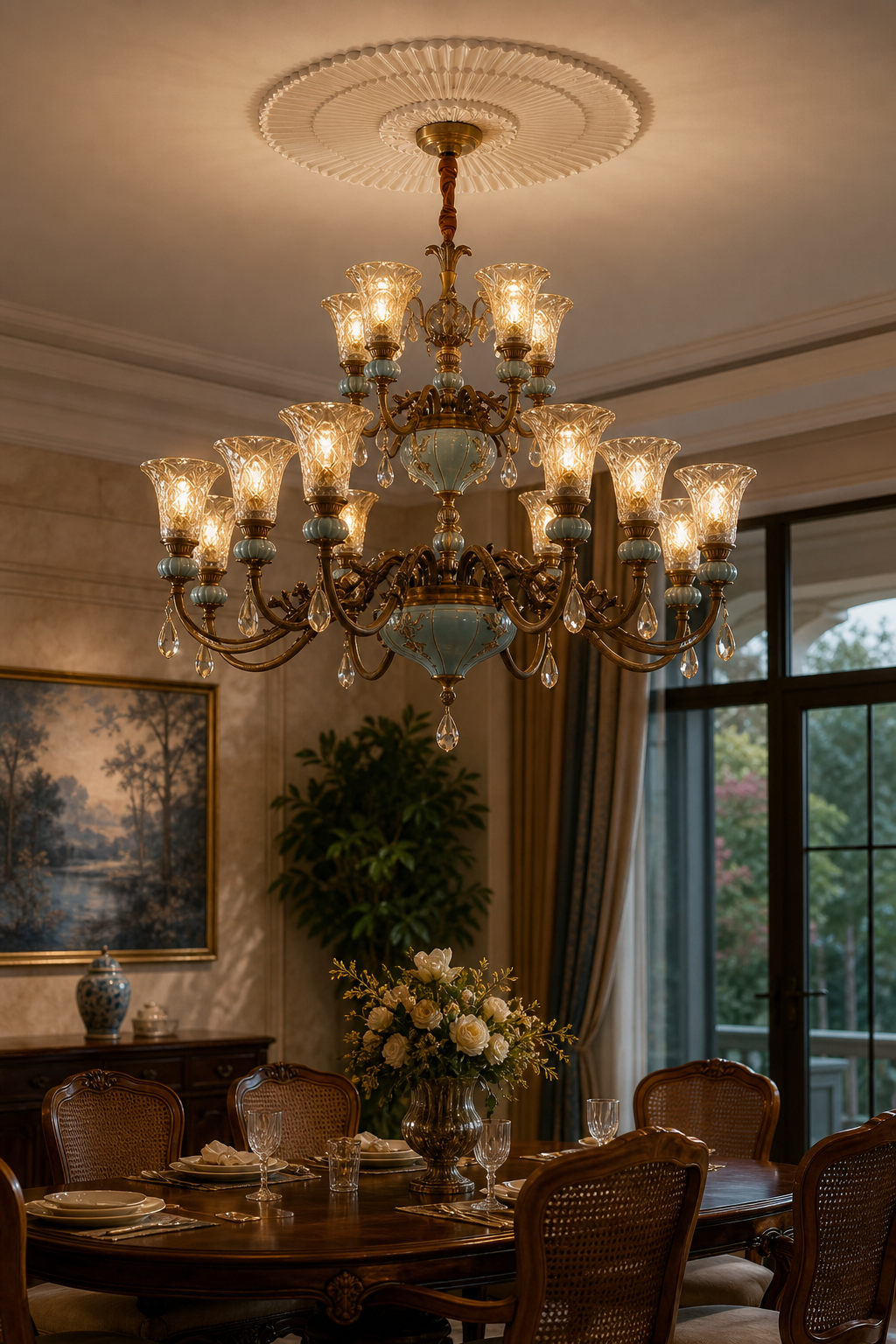 Blue Glazed Ceramic Two-Tier Chandelier night mood