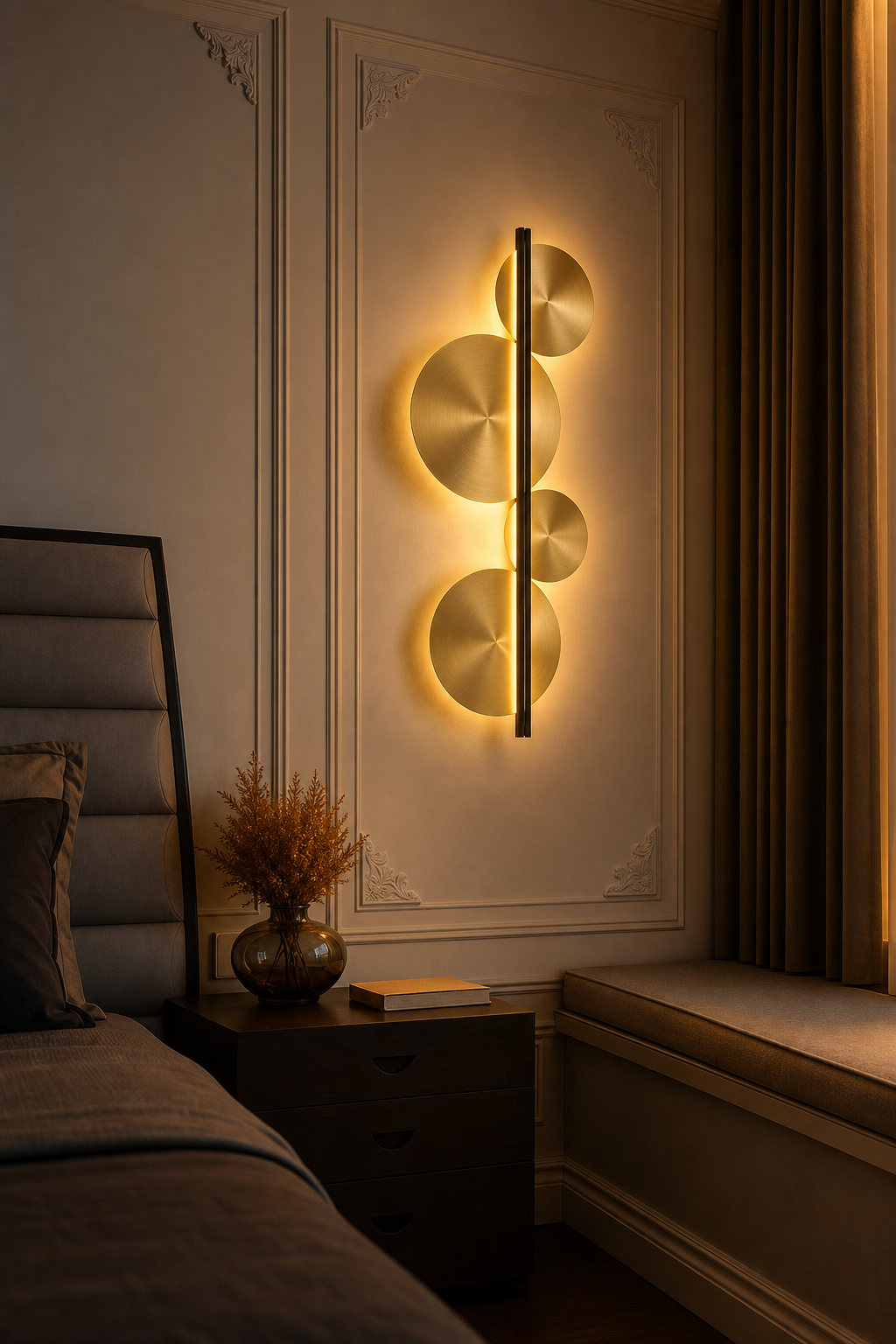 Brass Disc LED Wall Sconce illuminated in a warm evening interior