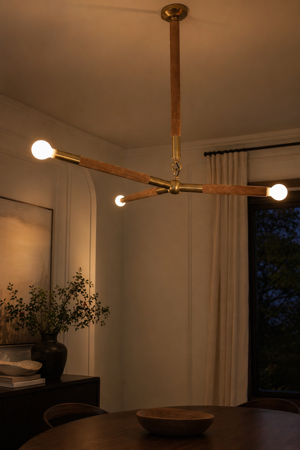 Modern Brass Branch Chandelier with Suede Accents - generated main 10 10-night-mood