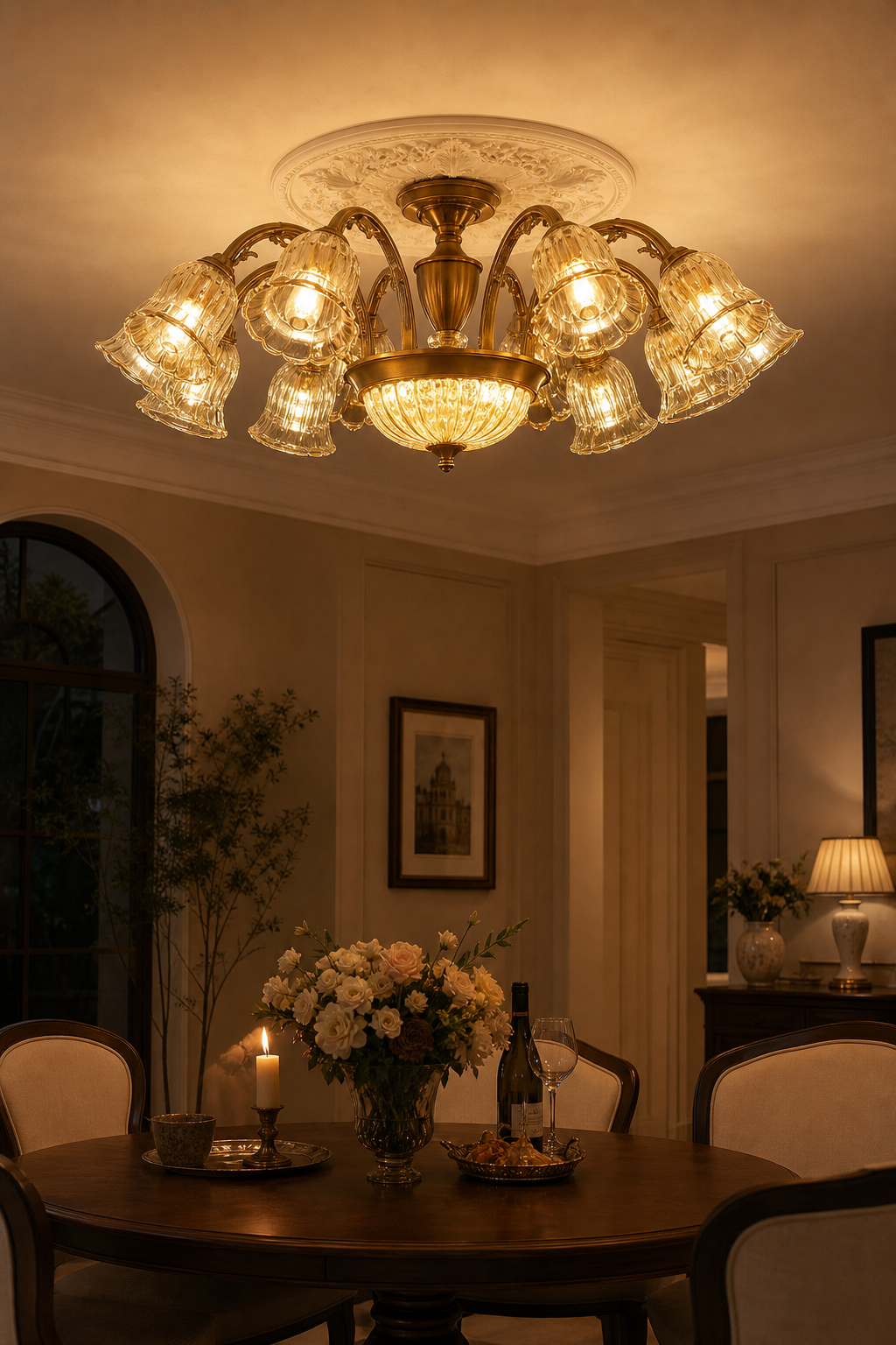 Vintage Brass Floral Glass Flush Mount night mood