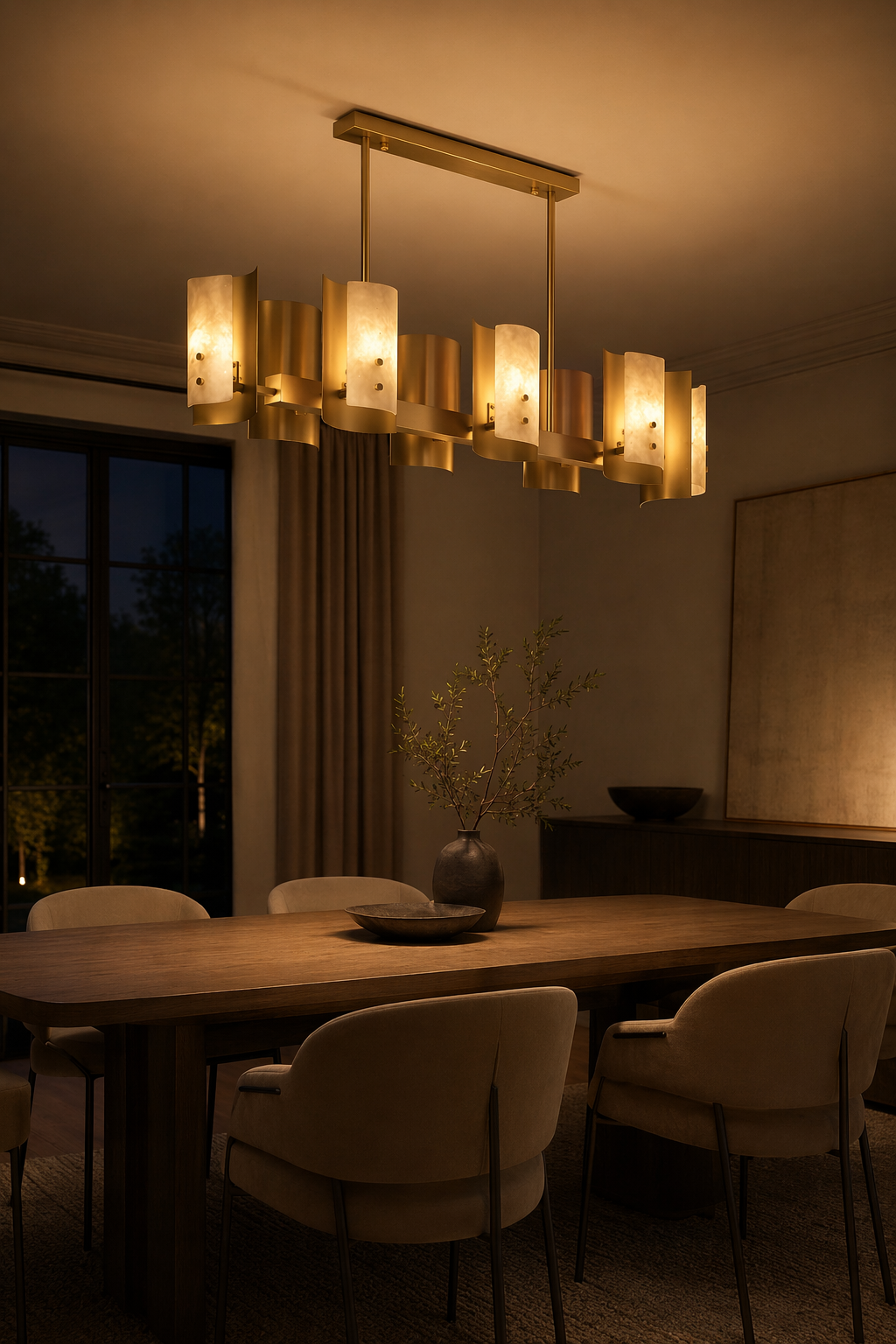 Modern Brushed Brass Alabaster Linear Chandelier - generated main 10 10-night-mood