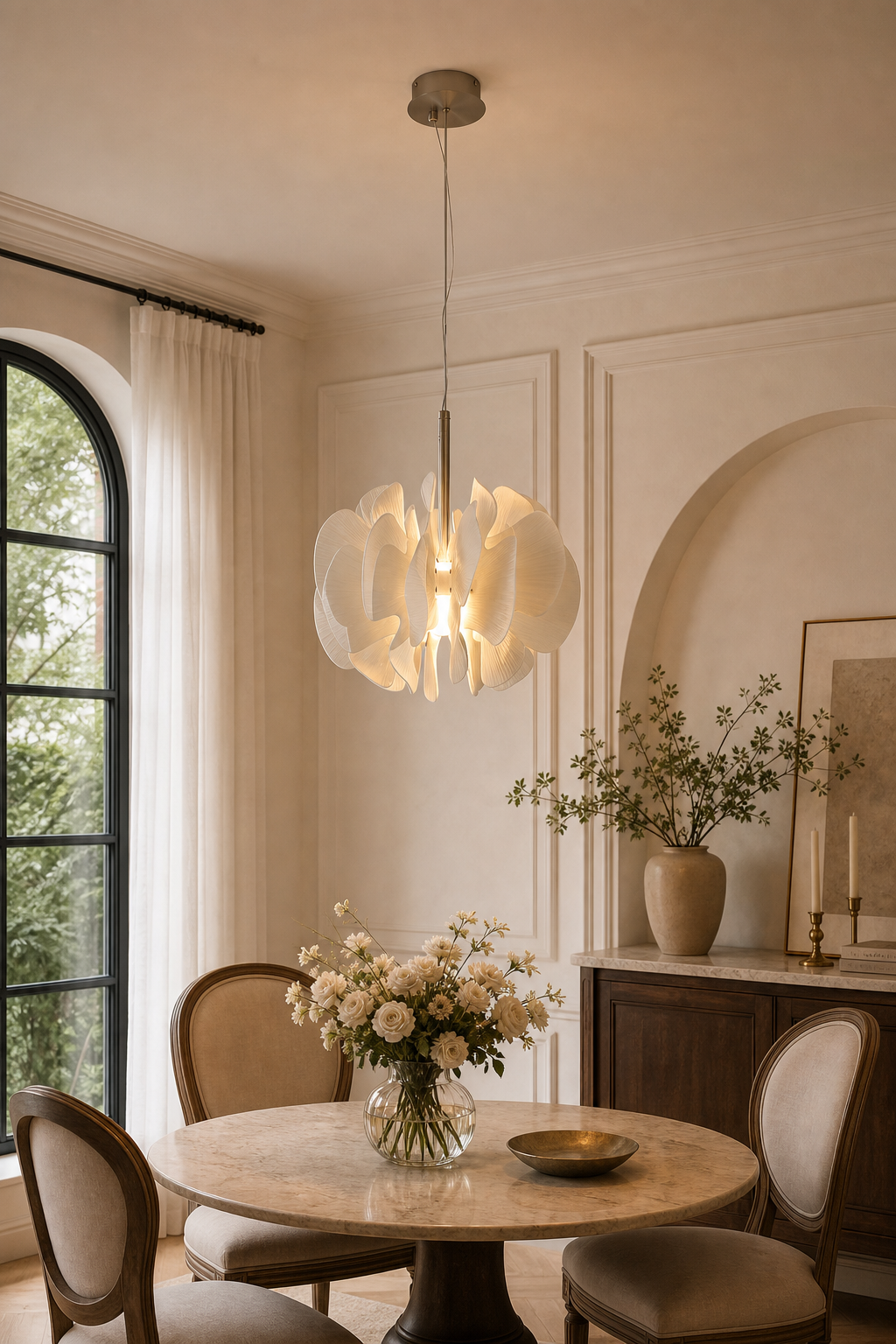 Sculptural Ivory Ceramic Petal Pendant night mood