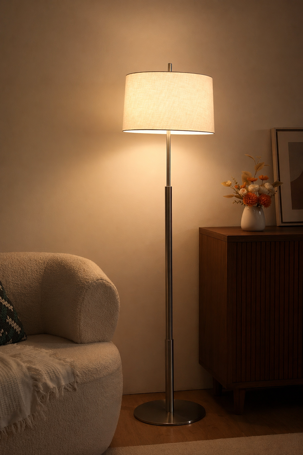 Modern Satin Nickel Off-White Fabric Lamp - generated main 10 10-night-mood