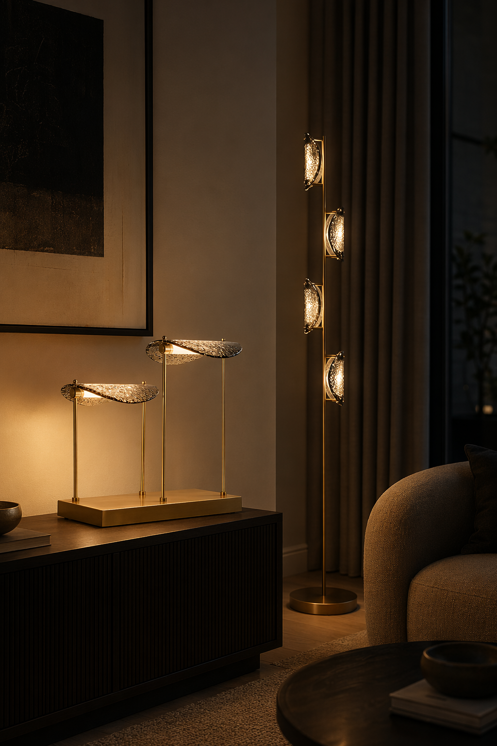 Modern Smoked Glass Brass Table and Floor Lamp - 10 10-night-mood