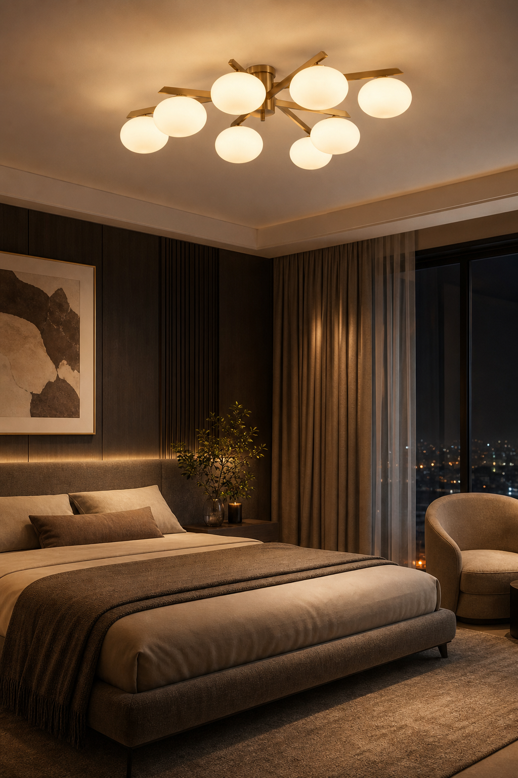 Solid Brass Opal Glass Semi-Flush Ceiling Light illuminated in a warm evening interior