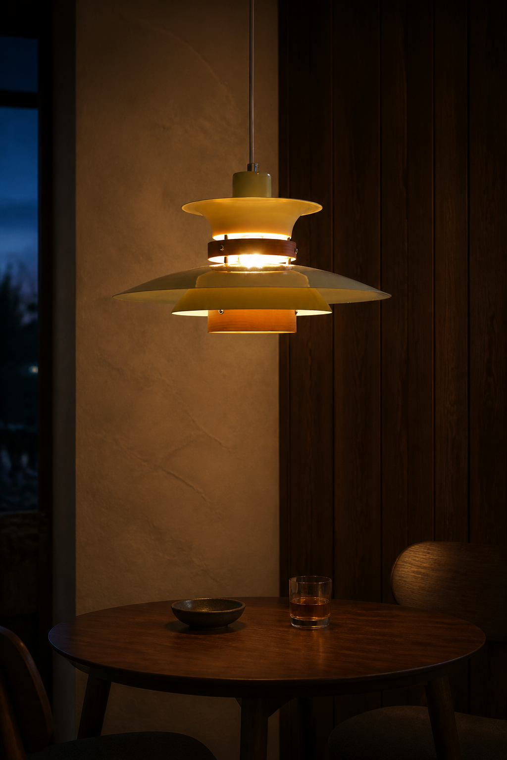 Layered Aluminum and Walnut Pendant Light — illuminated pendant in a warm evening setting