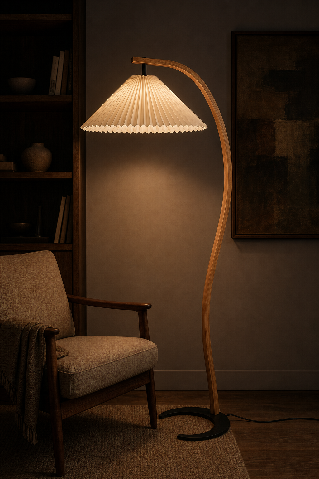 Sculptural Wood Floor Lamp — illuminated floor lamp at night