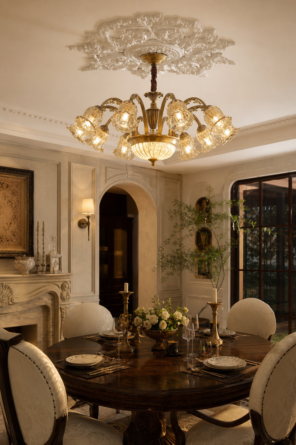 Vintage Brass Floral Glass Chandelier night mood