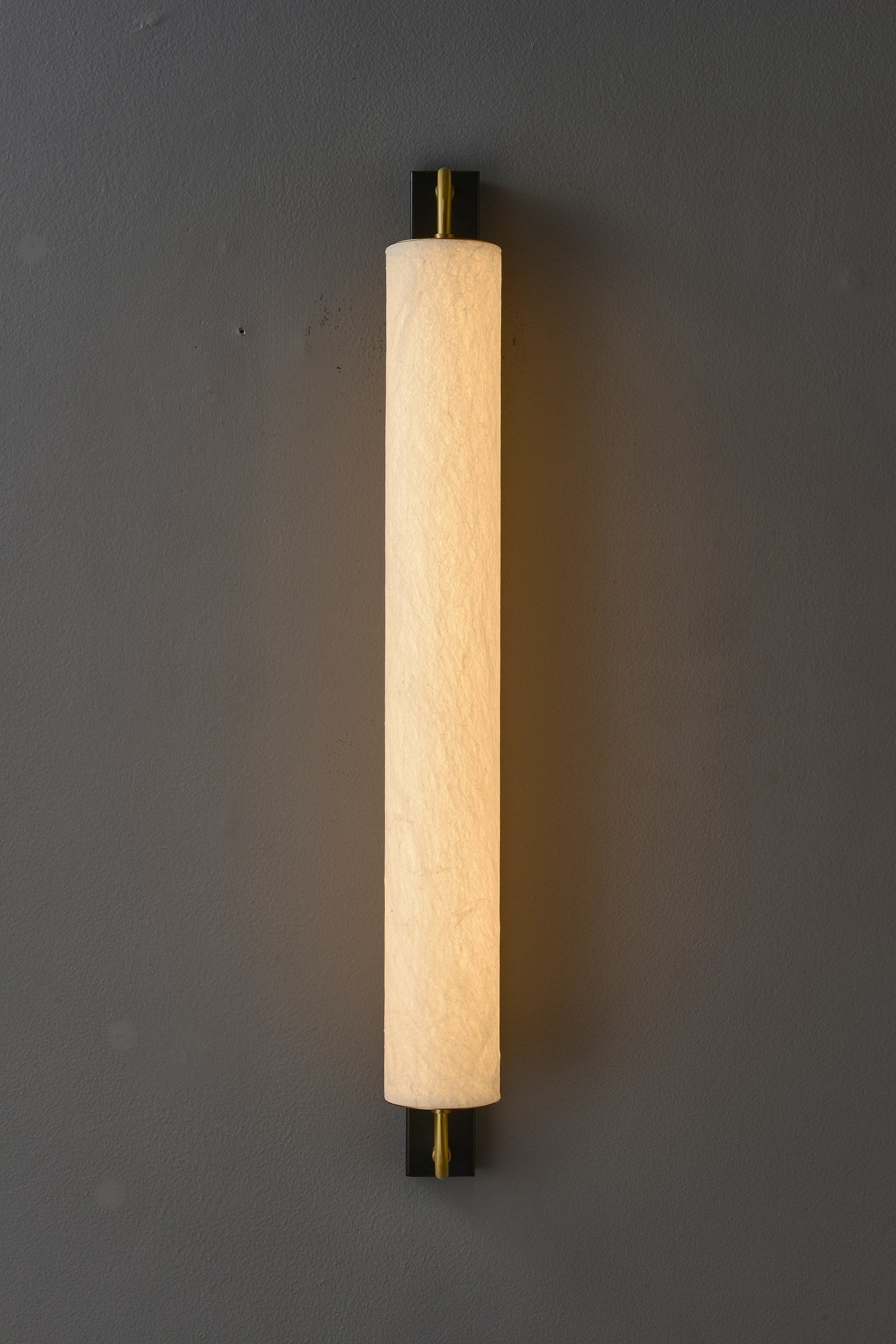 Modern Mulberry Silk Cylinder Wall Sconce in Brass or Black - 10 10-product-real-brass-small-lit-front
