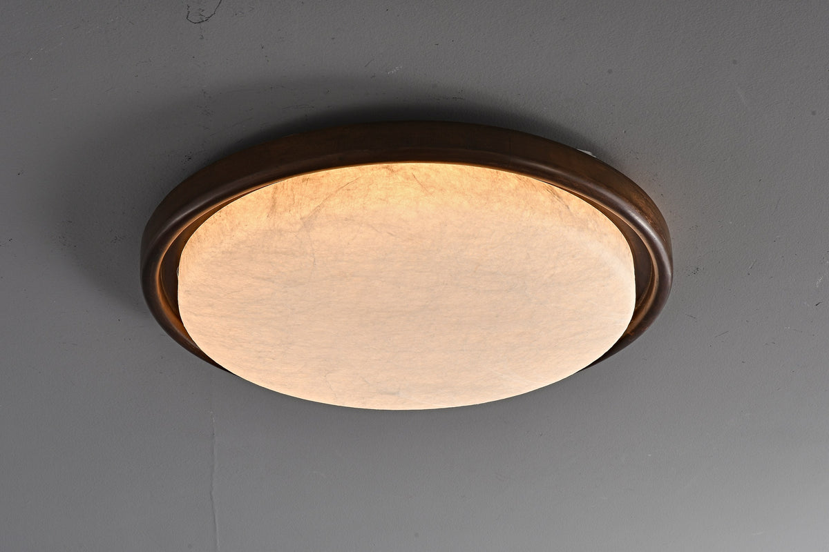 Modern Mulberry Silk Geometric Ceiling Light in Walnut and White - 10 10-product-real-round-lit-front