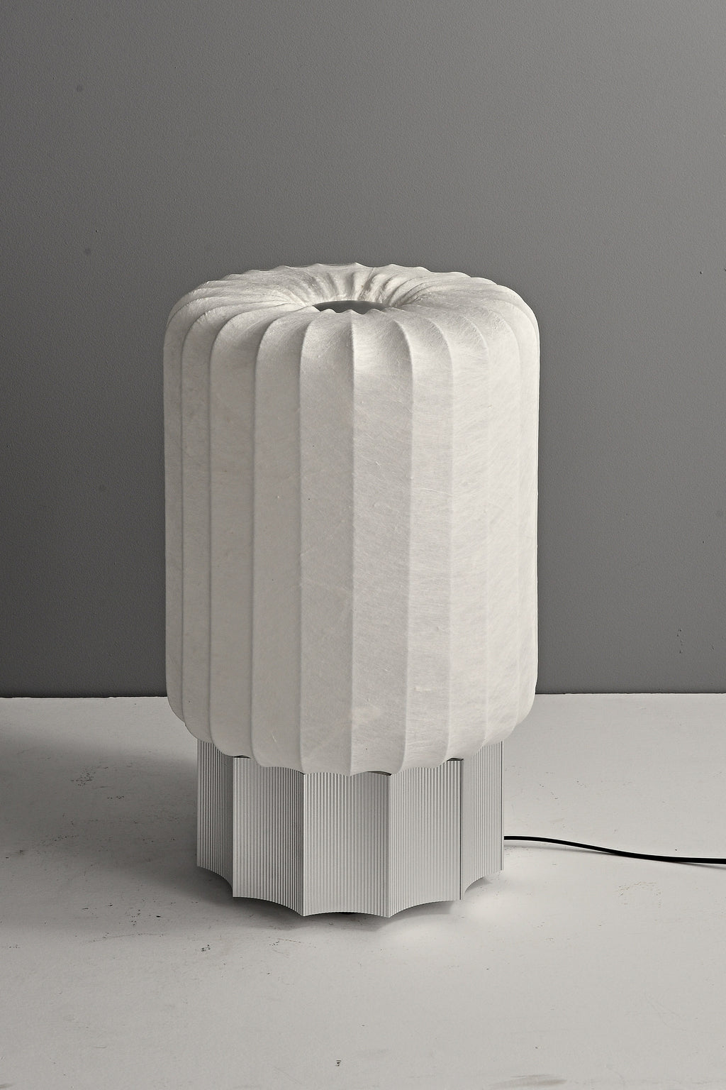 Modern Mulberry Silk Cylinder Table and Floor Lamp in Pewter Gray - 09 10-real-shade-close