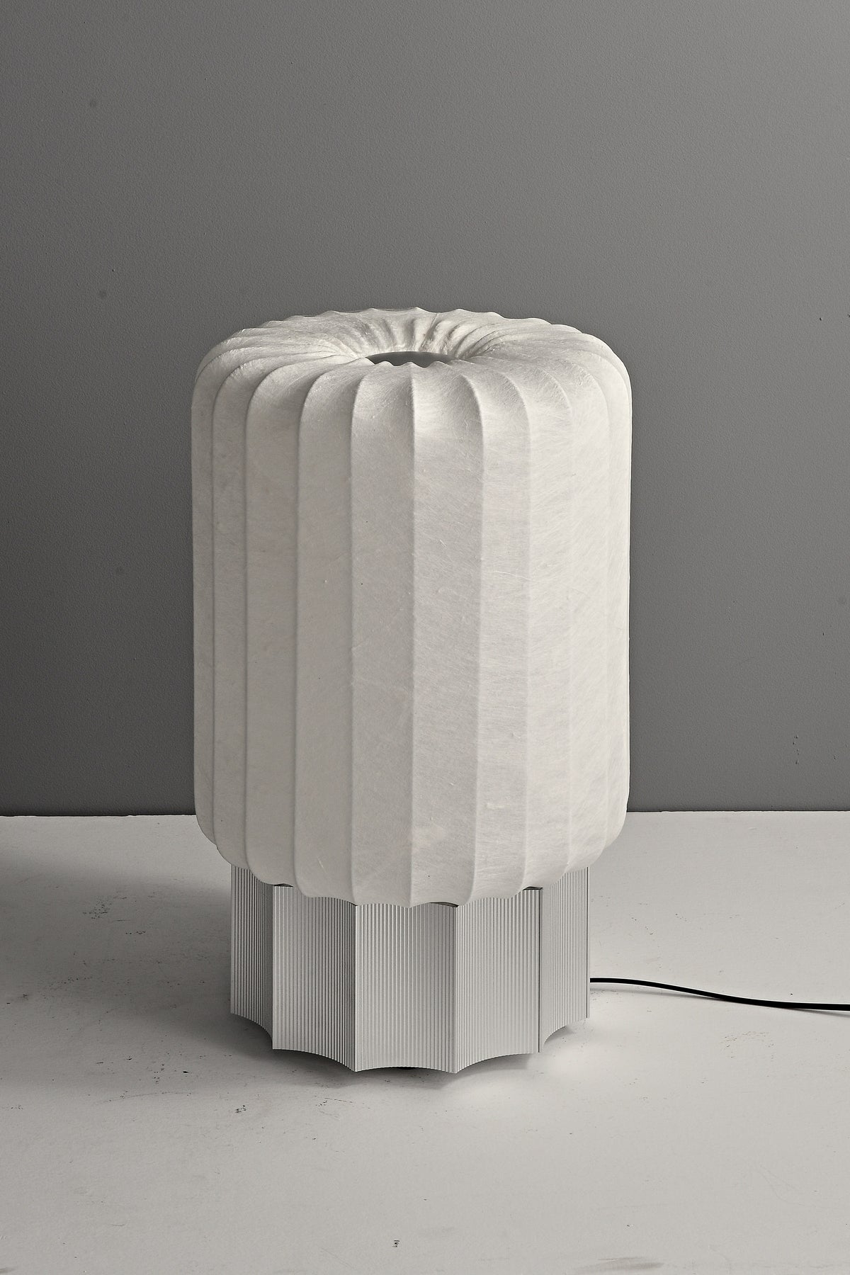 Modern Mulberry Silk Cylinder Table and Floor Lamp in Pewter Gray - 09 10-real-shade-close
